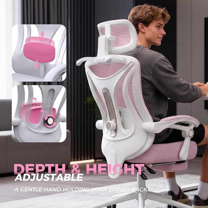 CYKOV Ergonomic Office Chair, Reclining, Footrest, Adjustable Lumbar, 350LB | 4-Way Headrest (4.72" + 60°), 2-Way Lumbar (2" + 1.18"), 90-135° Recline, Breathable Mesh, Gaming & Office, 5-Year Warranty