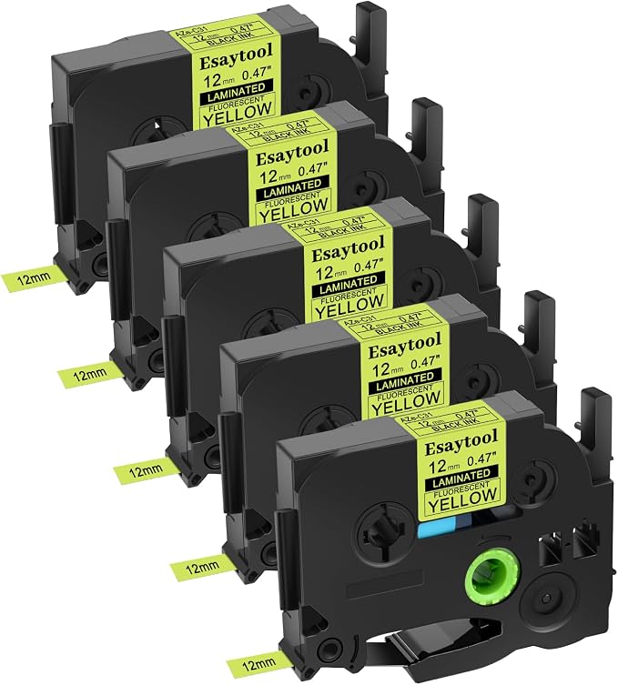 5 Pack Esaytool Replacement for TZe-C31 TZeC31 TZC31 12mm 0.47inch Black on Yellow Fluorescent Laminated Compatible with P-Touch PT-D210 D220 H110 P710BT D450 D600 Label Marker