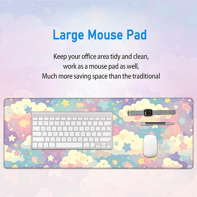Cute Large Mousepad,Colorful Clouds and Stars Mouse Mat,31.5 x 12 in | Extended Pastel Pink Kawaii Women Office Desk Decor Mat,Girly Dreamy Mouse Pad for Work Game Office and Home,80x30 cm