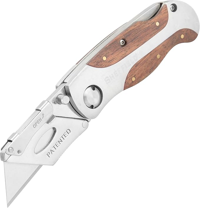 Sheffield 12115 Folding Utility Knife, Stocking Stuffers, Gifts for Men, Dad Gifts, Quick-Change Utility Knife Blades, Lightweight Hardwood Handle, Box Cutter, Cardboard Cutter