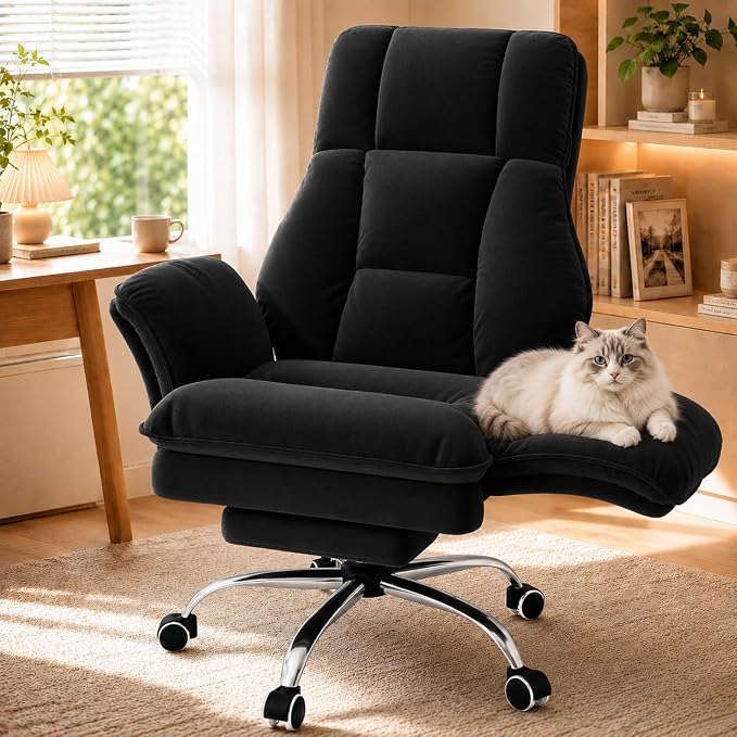 Big and Tall Office Chair with Footrest & Flip Armrests | Crystal Velvet Ergonomic Desk Chair, for Pets & Cross-Legged Sitting, Wide Seat Reclining Executive Computer Chair, Black