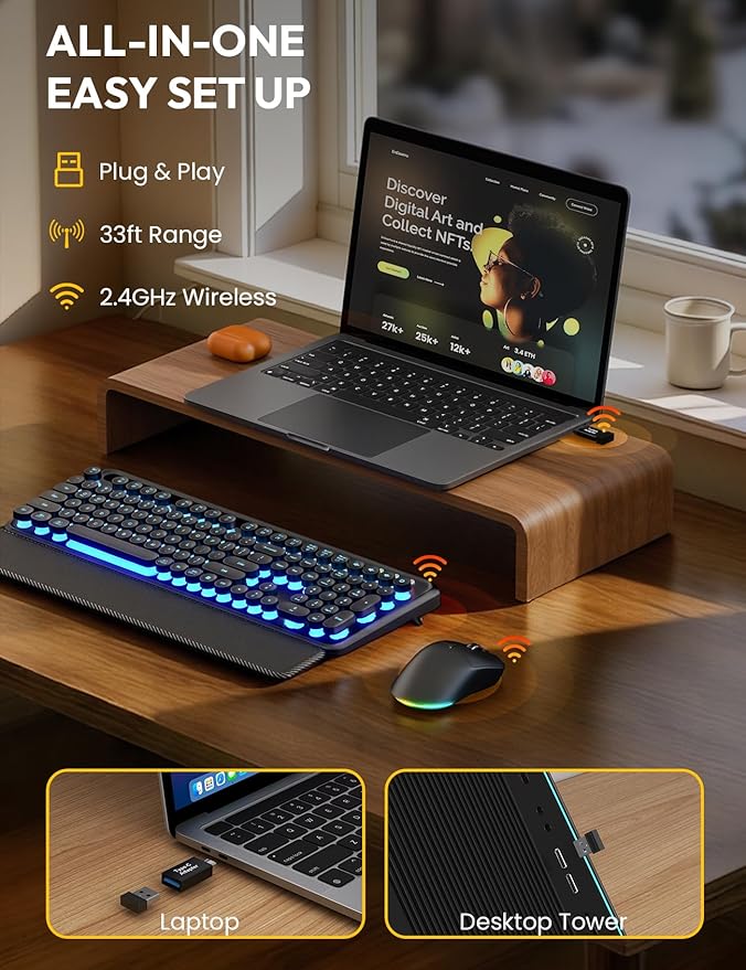Wireless Keyboard and Mouse, Backlit Typewriter with Magnetic Wrist Rest | Phone Holder, Light Up Round Keycaps, Lighting Mouse, 2.4GHz Cordless Set for Mac, Windows, PC, Laptop, SABLUTE