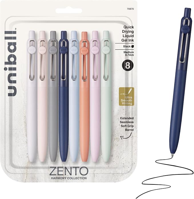 uniball™ Zento Gel Pens, Black Ink, 0.7mm Medium Point, 8 Count | Retractable, Smooth Writing, Quick-Drying, No Smear, No Bleed, Harmony Barrel Colors