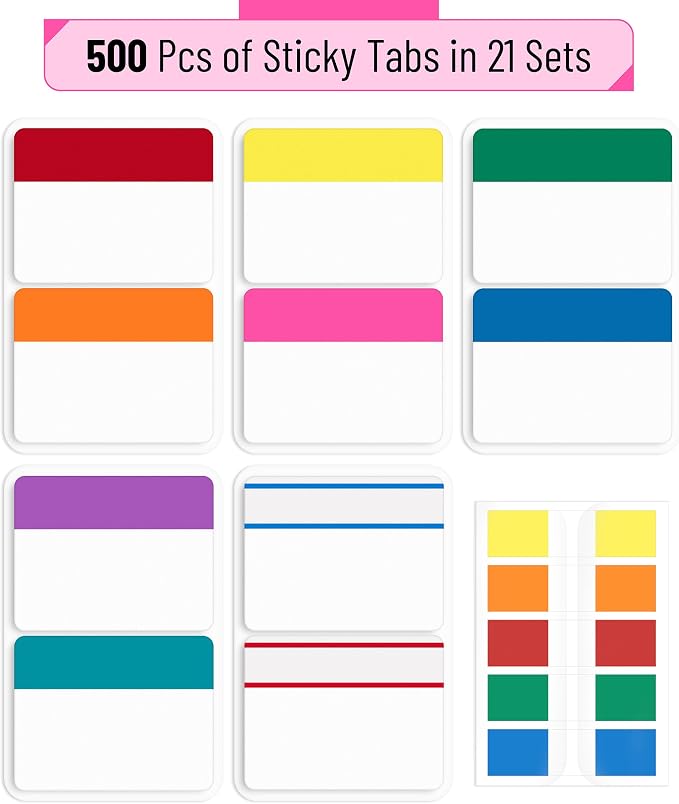 Mr. Pen- Sticky Index Tabs, 500 Pcs, 21 Sets, Vibrant | Writable Colored Pages Markers Labels for Reading Notes, Books, Binders, Notebook, Folders and Classify Files