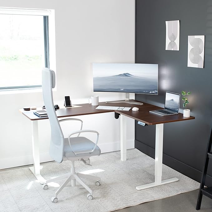 VIVO Corner Standing Desk, 63 x 55 inch Reversible L-Shaped Workstation, Electric Height Adjustment, Home, Office, and Reception Rooms, Dark Walnut Table Top White Frame, DESK-E3CTWD
