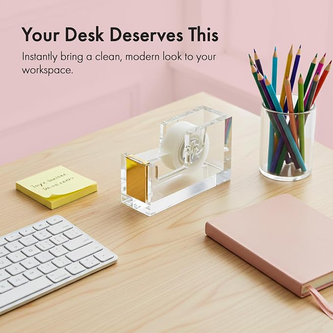 OfficeGoods Acrylic Tape Dispenser, Aesthetic and Compact Design, Gold | Modern desk accessory for office, Heavy duty refillable tape holder for crafting, Stylish desktop accessory for gift wrapping