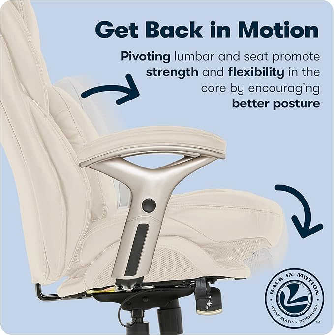 Serta Claremont Executive Office Chair with Back-In-Motion Technology, Ergonomic Mid-Back with Pivot Lumbar Support and Seat, Plush Cushion, Body Pillows, Adjustable Arms, Bonded Leather, Ivory White
