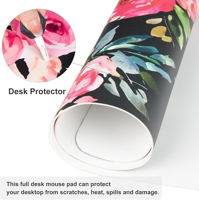 QiyI PU Leather Large Mouse Pad, Office Décor, 31.5" x 11.8", Pink Flowers | Desk Décor Accessories, Extended Size, Waterproof & Easy to Clean, Smooth Surface, Non Slip Desk Organization