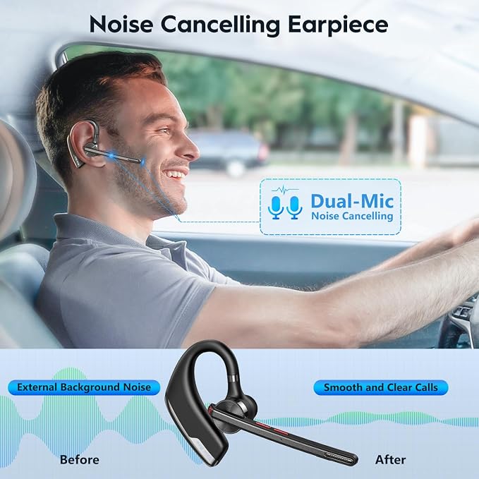 New Bee Bluetooth Headset, Dual Mic Noise Cancelling Bluetooth Earpiece | 80h Playtime, 500mah Charging Case,Crystal-Clear Calls, Bluetooth 5.2 Hands-Free Earphones for Office Driver