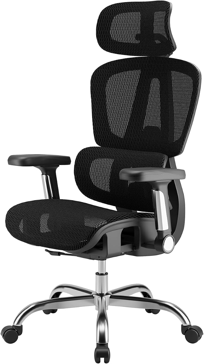 Mesh Office Chair, Ergonomic Office Chair, Home Office Desk Chairs with Headrest, 90-135° Tilt Lock and Breathable Backrest & Lumbar Support, 5D Armrest, Computer Chairs (Large Chair)