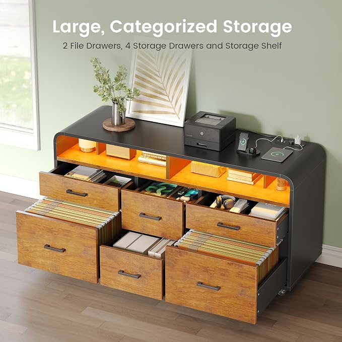 SEDETA 6 Drawers File Cabinet with Power Strip fits Legal/Letter/A4 Size | 47" Wood Mobile Lateral Filing Cabinet for Home Office, Printer Stand with Storage Shelf and Led Lights, Rustic Brown