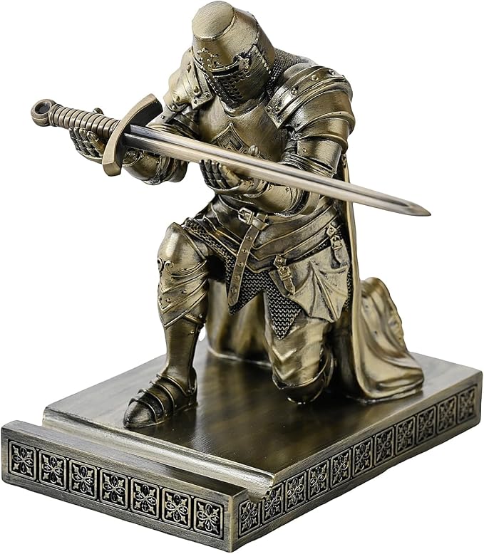 Medieval Templar Vanguard Officer Knight Pen Holder Desk Organizers Bronze | Pencil Stand Paperweight Desktop Decoration Accessories Cell Phone Stand with a Fancy Sword for Medieval Warrior Enthusiast