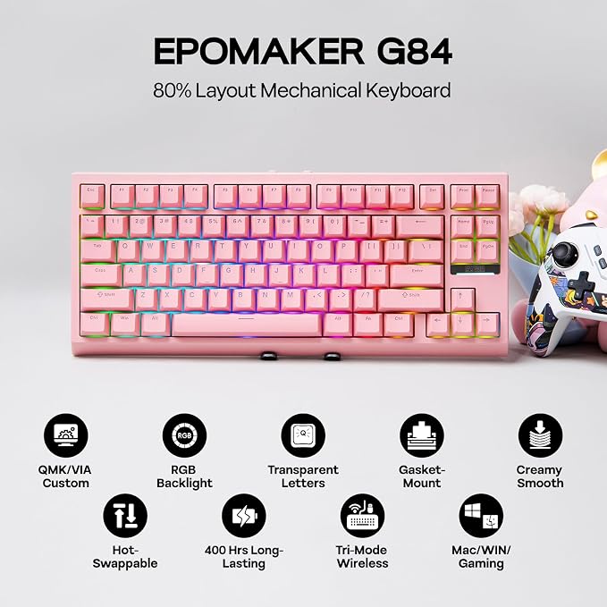 EPOMAKER G84 80% RGB Gaming Mechanical Keyboard with Shine Through Keycaps | 2.4GHz/ Type-C/BT Wireless Keyboard, VIA Programmable, Hot-Swap, Creamy Keyboard for Gamers/Office (Pink, Creamy Jade Switch)