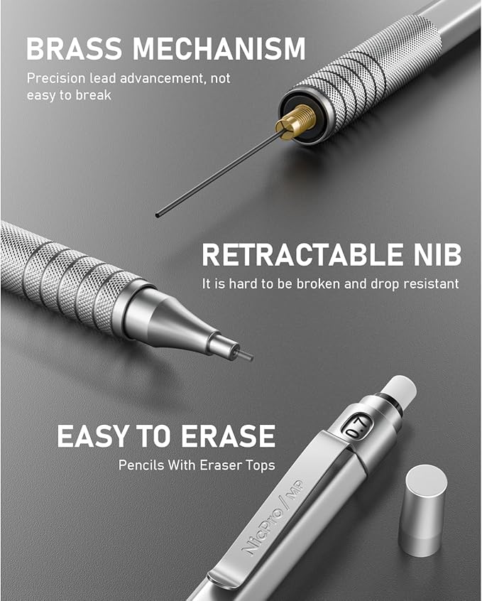 Nicpro 0.7 Metal Mechanical Pencil Set with Case, 3PCS MP1000 0.7mm Artist Lead Pencil With 8 Tube HB Refills, 3 Erasers, 9 Eraser Refill For Architect Art Drafting Drawing Engineering, Sketching