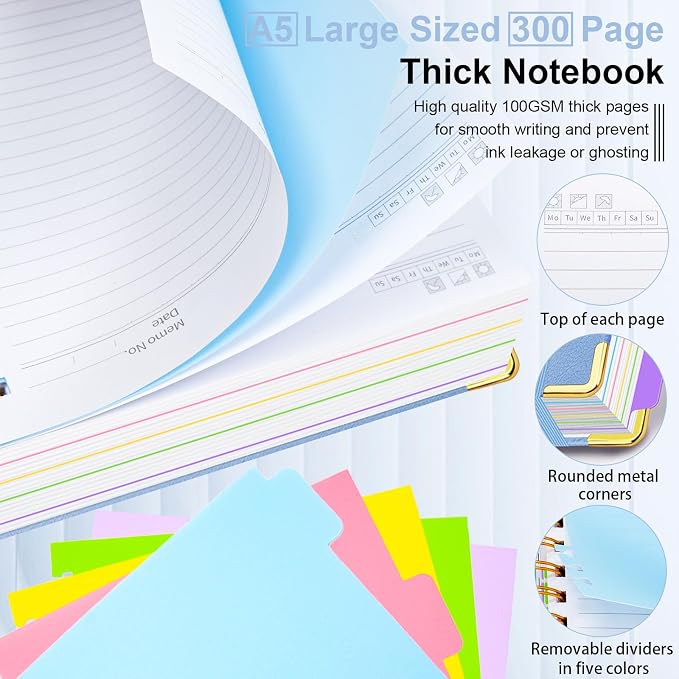 Hardcover Spiral Notebook 6.2"x 8.2" Journal Notebook with Tabs and Removable Dividers 300 Pages 5 Subject Notebook College Ruled, Faux Leather Spiral Bound Notebook for Women School Work(Lake Blue)