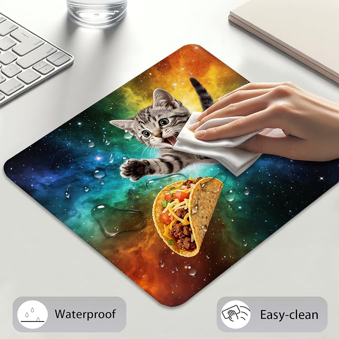 Adorable Space Cat Chasing Taco Mouse Pad, Rainbow Galaxy Durable Desk Mat | Funny Design, Cute Mousepad Stitched, Anti-Slip Base Smooth Surface, 9.5 x 7.9 Inches