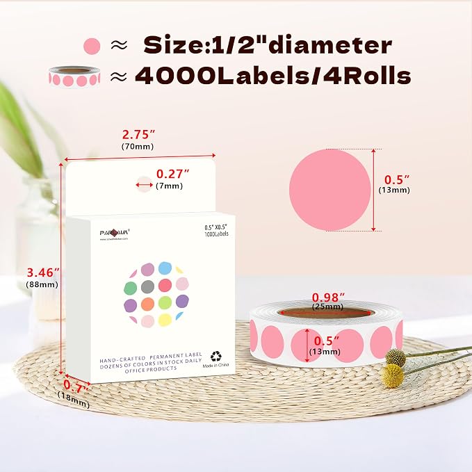 PARLAIM 1/2 Inch Round Permanent Adhesive Color-Code Dot Stickers, 4000 Stickers - 4 Rolls Pink Circle Labels