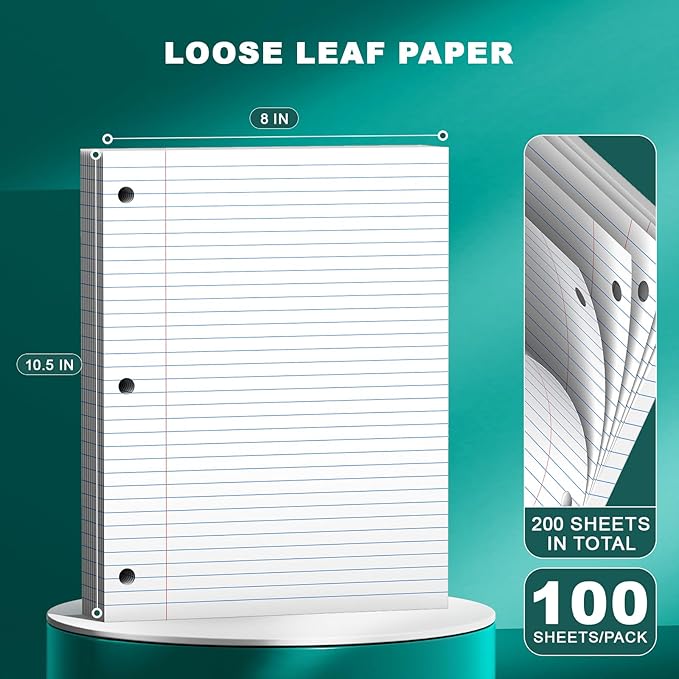 Loose Leaf Paper 8 X 10.5, 200 Sheets Notebook Paper, 3 Hole Punched Paper,College Ruled 8 X 10.5 Note Pads, Writing Pads,10-1/2" X 8 Binder Filler Paper For, Engineering, Office, School Supplies