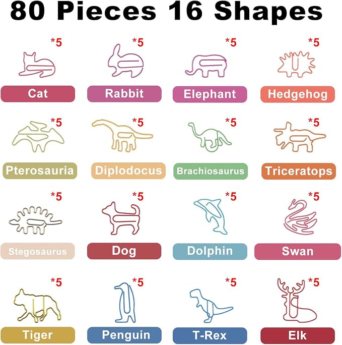 Animal Shaped Paper Clips 80-Count: 16 Cute Funny Paper Clips Assorted Colors - Rust-Resistant - Holds 50 Sheets Fun Office Supplies Bookmark Clips School Home
