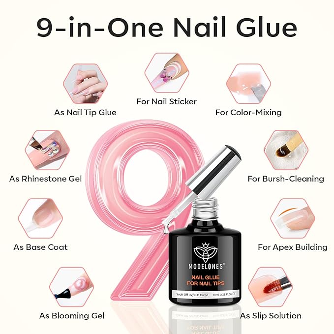 modelones X Nail Gel Kit Kit Medium Oval, 9-in-One Nail Glue with Portable U V Lamp 216Pcs 12Sizes Pre-Etched Round Press ons Fake Acrylic Extension Kit DIY Salon Gift for Women