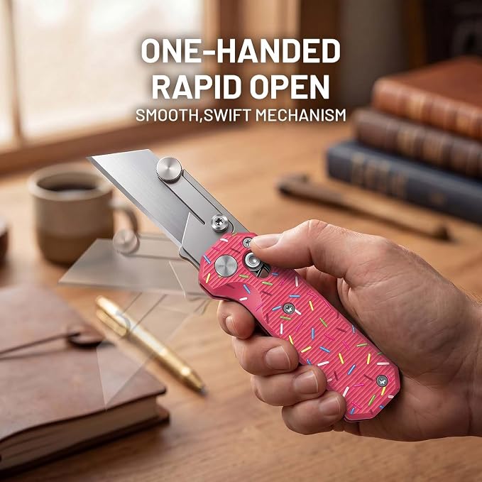 Folding Utility Knife, Pocket Knife, Box cutter Knife with Pocket & Rail Lock, Durable Razor Knife for Home Office Warehouse Everyday Carry, Gift for Men Women（Pink Donuts）