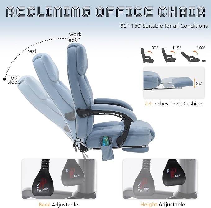 Massage Office Chair with Foot Rest 6 Points Vibration and Heat Home Office Desk Chairs for Heavy People 400lbs Reclining Managerial Chairs Ergonomic Executive Chair (Dustyblue)