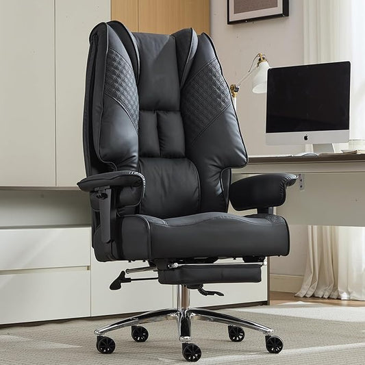 Big and Tall Office Chair 400lbs Wide Seat, Leather High Back Executive Office Chair with Foot Rest, Ergonomic Chairs Lumbar Support for Lower Back Pain Relief (Black)