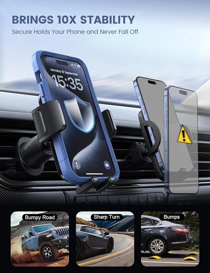 Lamicall 2026 Wider Clamp & Metal Hook Car Phone Holder Vent Accessories | Thick Cases Friendly Phone Holders for Your Car Mount Hands Free for Women Men for iPhone 17 16 15 14 13 Pro Max Lucite Black