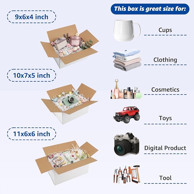 CRUGLA Assorted Sizes Shipping Boxes 30 Pack (11x6x6, 10x7x5, 9x6x4), White Corrugated Cardboard Mailers, Each 10 PCS Small Boxes for Small Business Packaging, Shipping & Storage