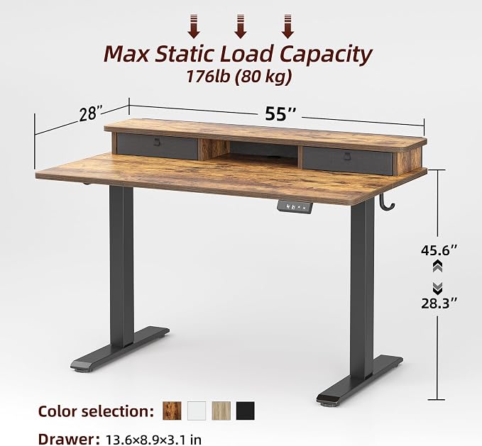 TIQLAB 55 * 28 inch Standing Desk with Two Drawers&Top Shelf, Rustic Brown | Smooth Height Adjustment, 2 Memory Presets, One-Touch Control, Stable Steel Frame, 176 lbs Capacity, Easy Assembly