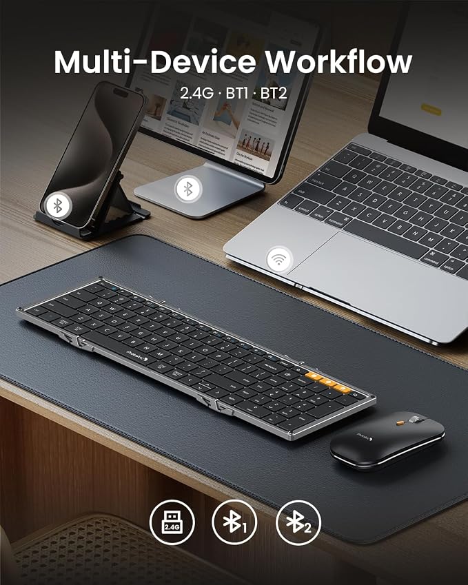 ProtoArc XKM01 Full-Size Foldable Keyboard Mouse Combo for Travel, Gray | 105-key keyboard, slim mouse, hard case and phone stand, 3-device Bluetooth & 2.4G switching, for travel office use