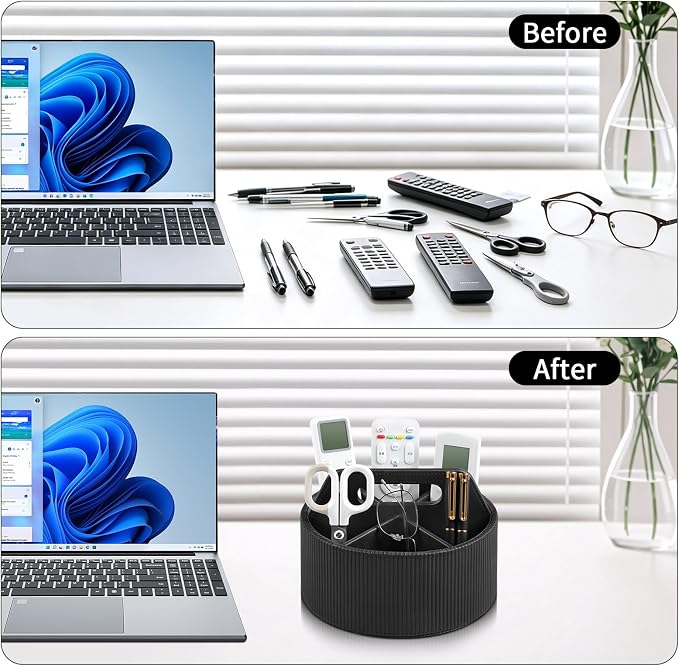 Round Desk Organizer Caddy Caddy Organizer Remote Control Holder | 6 Compartments, Portable Handle, Soft Lining, Aesthetic Stripes, Waterproof And Stain-Resistant