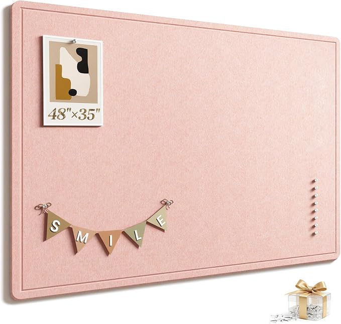 Large Bulletin Board, 48 X 35 Inches Felt Cork Board with 40 Pushpins, Foldable Felt Notice Pin Board Photo Display Board with Self-Adhesive Tape for Office Home School (Pink, 48x35 inch)