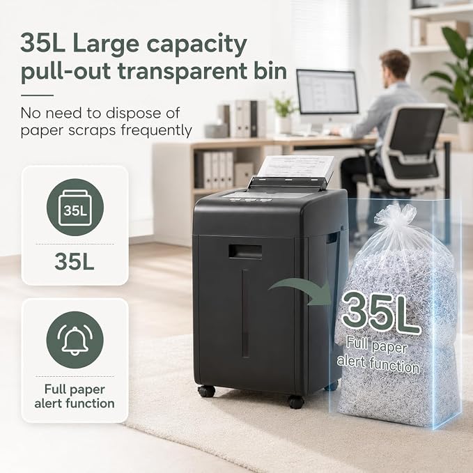 Paper Shredder Heavy Duty 200 Sheet Auto Feed P-5 Micro Cut | 60 Min Run Time Paper Shredder with 35L Pullout Bin/Credit Cards/CDs/Home Office and Small Business Use