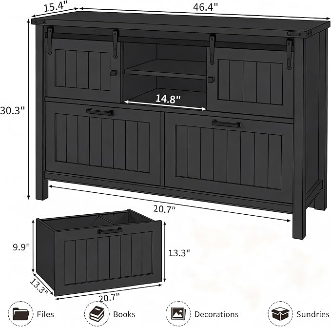 Farmhouse File Cabinet for Legal/ A4 /Letter Size, Black | Filling Cabinet Printer Stand with Outlets & USB Ports for Home Office, Remote Work, Entryway, Sliding Doors & 2 Drawers