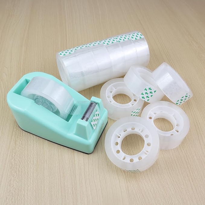 Desktop Tape Dispenser,1 Pack Green Tape Dispensers with 12Rolls Transparent Tape, for Packaging in Office,Restaurant, Flower Shop,Cake Shop (Green)