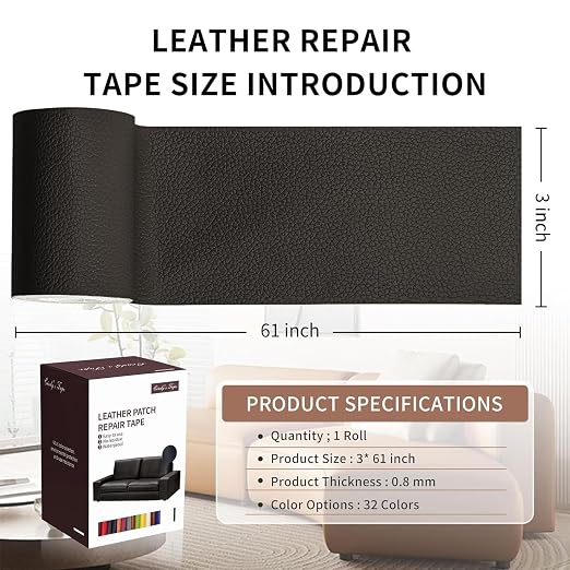 Leather Repair Patch Tape, Coffee 3 x 61 Inches Self Adhesive Leather Repair Kit for Furniture, Car Seat,Vinyl Leather Repair Kit for Office Chairs, Couch, Sofa, Luggage