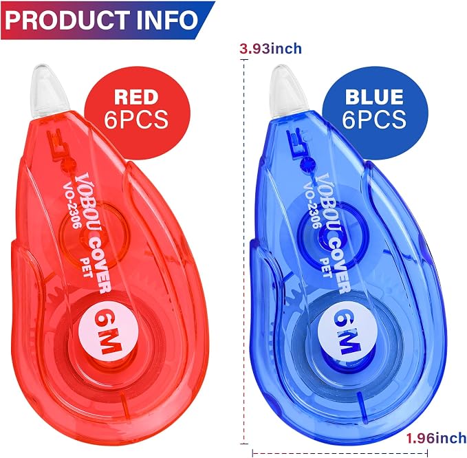 Vobou White Correction Tape, Easy To Use Applicator for Instant Corrections Wrong Writing At Any Time, For school, Office (Red and Blue, 12pack, 6M/256" x 0.2")