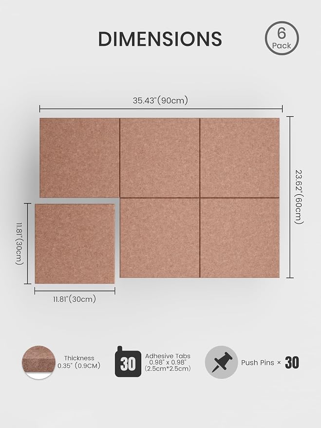 Bumusty 36" x 24" Large Cork Board Alternative, Terracotta | 6-Pack Felt Bulletin Board Tiles, 60 Adhesive Tabs, 30 Pushpins, Home, Office, Classroom, Vision Board