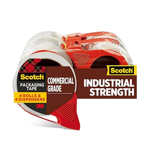 Scotch Commercial Grade Shipping Packaging Tape, 1.88" x 54.6 yd, Designed for Packing, Shipping and Mailing, Guaranteed to Stay Sealed, 3" Core, Clear, 4 Rolls (3750-4RD)