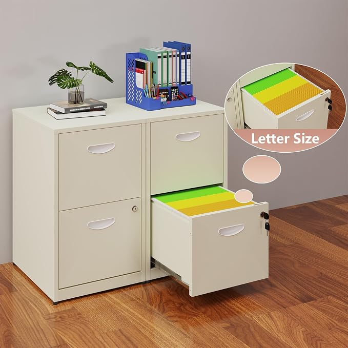 Polup 2 Drawer File Cabinet with Lock, Metal Filing Cabinet for Home Office | Small Locking Cabinet for Under Desk Storage, Printer Stand, Fits Letter Size, Cream, 26"H x 15"W x 18"D, Easy Assembly