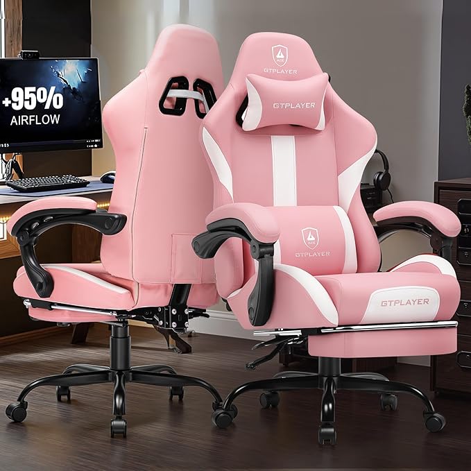 GTPLAYER Gaming Chair with Foot Rest & Pocket Spring Cushion, Ergonomic High Back Computer Chair with Headrest & 360°-Swivel Seat for Home Office Desk, PU Leather, Pink