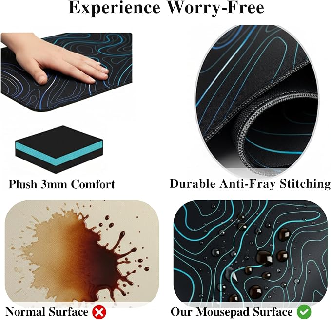 Topographic XL Mouse Pad (35.4x15.7 Inch), Large Gaming Desk Mat with Stitched Edges, Waterproof Non-Slip XXL Keyboard Pad, Aesthetic Blue Line Art Desk Decor