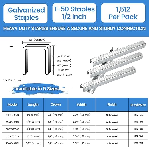 meite T50 Staple Gun Staples, 1/2 Inch Heavy Duty Staples, Galvanized 20 Gauge 3/8 Inch Crown Staple for Upholstery, Construction, Furniture (10 Packs)