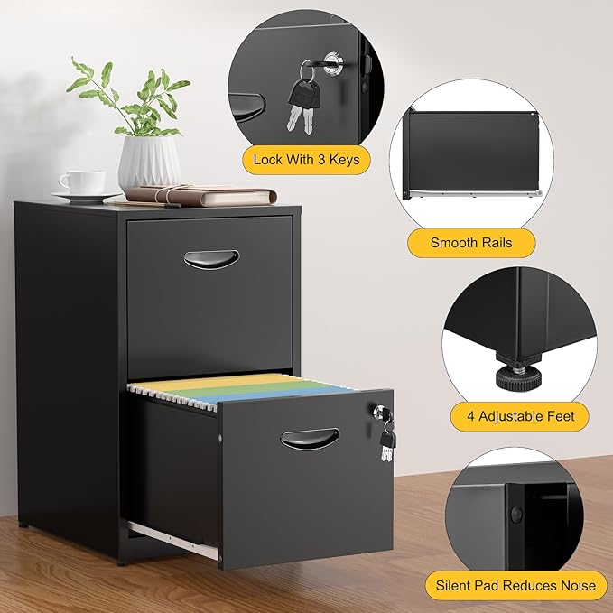 SteeLoong 2 Drawer File Cabinets,Metal Office File Cabinet with Lock,Black | Filing Cabinet for Home Office,Vertical Modern File Cabinet Office Two Drawers for Hanging Letter,Assembly Required