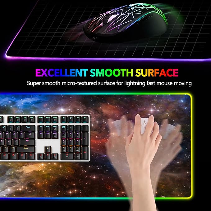 AIMSA Large Gaming Mouse Pad RGB, Keyboard Led Mousepad Extended 35.4 x 15.8 inch Non-Slip Rubber Base with 14 Lighting Modes Desk Mat, Colorful Galaxy Nebula