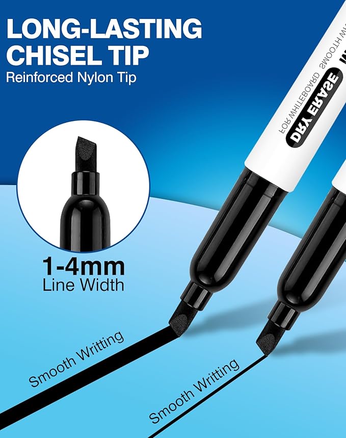 SFAIH Dry Erase Markers Whiteboard Markers, 72 Pack, Chisel Tip, Black, Versatile Lines, Low Odor, 1s Quickly Dry, Perfect for School Supplies and Office