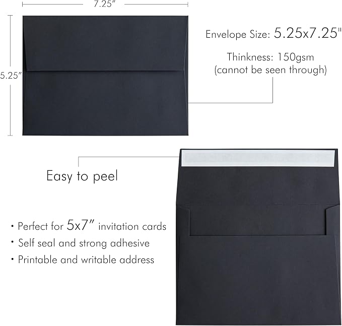 PONATIA 50 Pieces Black 5x7 Envelopes, A7 Envelopes Self Seal for Weddings, Invitation Cards, Photos, Postcards, Greeting Cards Mailing, Baby Shower, Graduation, Christmas Gift Cards