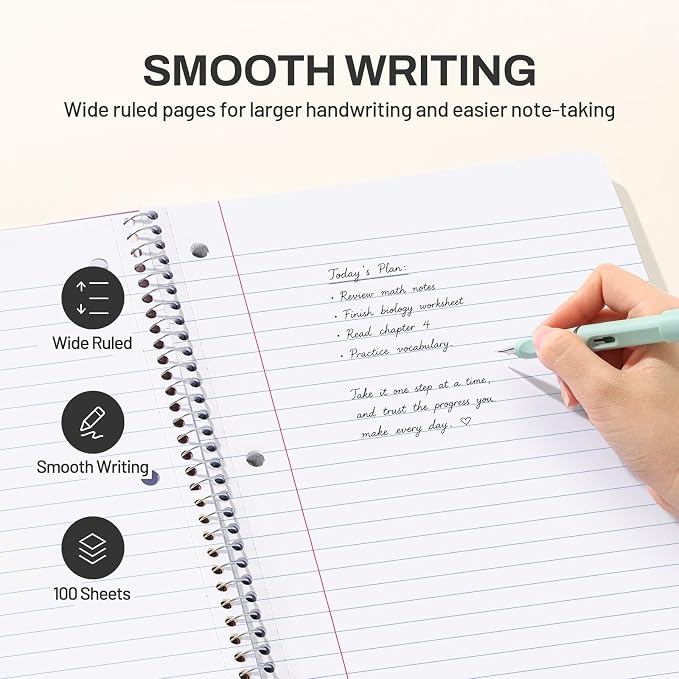 SUNEE Spiral Notebook, 1-Subject, Wide Ruled Paper, 8" x 10-1/2", 100 Sheets per Notebook, 3-Hole Punched Paper, Water Resistant Cover, Double-sided Pockets, Spiral Lined Notebooks for School, Black