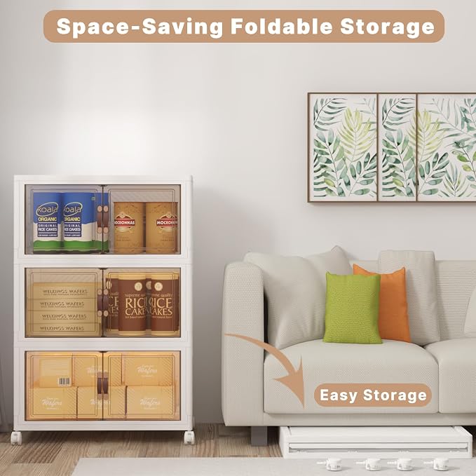 360QT Stackable Storage Bins with Lids, Doors & Wheels | Closet Organizers and Storage Cabinet , Lockable Plastic Foldable Drawers for Bedroom Dorm Office Garage（120QT*3,White）